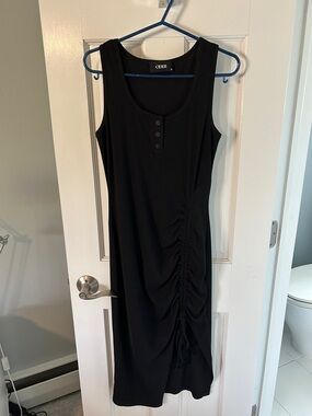 Cider Black Ruched Tank Midi Dress with Button Placket